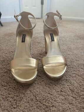 Nine West Metallic Gold Ankle-Strap Block Heels
